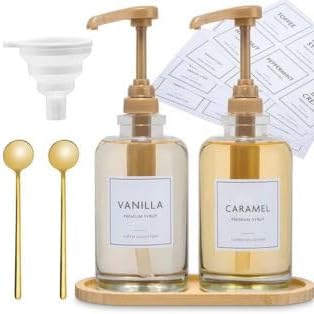 Coffee Bar Accessories: Coffee Syrup Dispenser Set with 2 Glass Bottles (19.6 Oz) Gold Pumps Funnel Waterproof Syrup Labels 2 Golden Spoons and Straw Brush - Elegant Syrup Dispenser