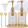 Coffee Bar Accessories: Coffee Syrup Dispenser Set with 2 Glass Bottles (19.6 Oz) Gold Pumps Funnel Waterproof Syrup Labels 2 Golden Spoons and Straw Brush - Elegant Syrup Dispenser