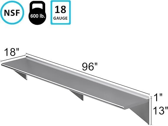 Stainless Steel Wall Shelf | NSF | Garage Laundry Storage Utility Room | Restaurant Commercial Kitchen (18 X 96)