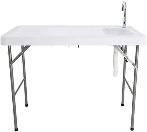 46” Fish Cleaning Table with Sink Portable Camping Table with Faucet &amp Drainage Hose Outdoor Fillet Station for Camp Picnic Garden Fishing White