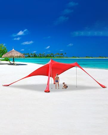 Beach Tent Sun Shelter 6.56 x 5.25ft UPF Sunshade with Sandbags &amp Aluminum Poles Portable Pop-Up Tent for Camping Picnics Fishing Fits 2-3 People (Red Includes Carry Bag &amp Shovel)