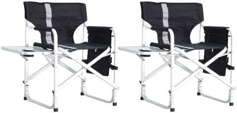 2-Piece Padded Folding Outdoor Chair with Side Table and Storage PocketsLightweight Oversized Directors Chair for Indoor Outdoor Camping Picnics and FishingBlack/Grey
