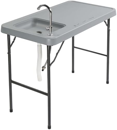 Gray Outdoor Utility Table for Cleaning Fish Deer Cleaning Station Wash Table for Garage Garden Fish Fillet Table Hunting Gear Camping Accessories Washing Tables Folding Table with Sink Faucet