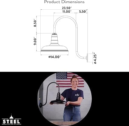 Steel Lighting Co. Topanga Barn Light | Outdoor Wall Mounted | 14 inch Dome | Upward Sloping Gooseneck | Farmhouse Garage Light Made in America | Modern Gray Exterior/Brass Interior