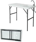 Folding Fishing Cleaning Table with Sink 4ft Portable Foldable Camping Outdoor Table with Faucet for Picnic Camping Kitchen Gardening White