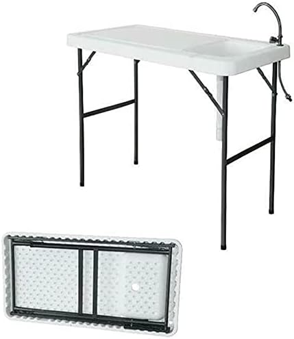 Folding Fishing Cleaning Table with Sink 4ft Portable Foldable Camping Outdoor Table with Faucet for Picnic Camping Kitchen Gardening White