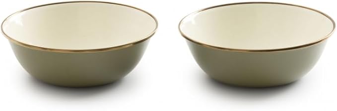 Barebones 2-Tone Bowls - Set of 2 Enamelware Bowls - Durable Kitchen or Camping Bowl (Olive Drab)