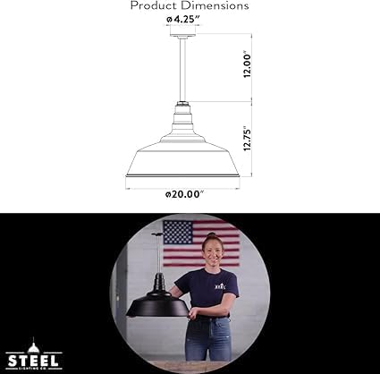 Steel Lighting Co. Manhattan Warehouse Light | Ceiling Mounted Pendant | 20 inch Dome | Flush Mount | Large Steel Barn Light Made in America | Cream Exterior/Brass Interior