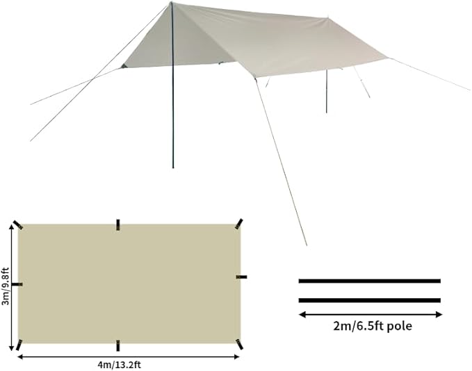 DANCHEL OUTDOOR 13x9.8ft Large Waterpoof Camping Nylon Tarp Canopy Tent Canopy Sun Shelter Glamping Awning Accessories Khaki