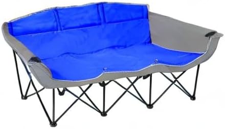 GoTEAM! Portable Folding Bench Couch – 3 Seat Collapsible Outdoor Chair with Cup Holders &amp Carry Bag – Heavy Duty 600D Nylon for Camping Sports Tailgating Beach &amp Backyard (Blue/Gray)