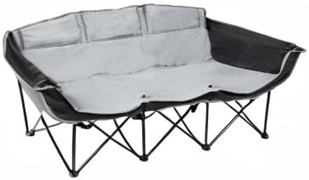 GoTEAM! Portable Folding Bench Couch – 3 Seat Collapsible Outdoor Chair with Cup Holders &amp Carry Bag – Heavy Duty 600D Nylon for Camping Sports Tailgating Beach &amp Backyard (Black/Gray)
