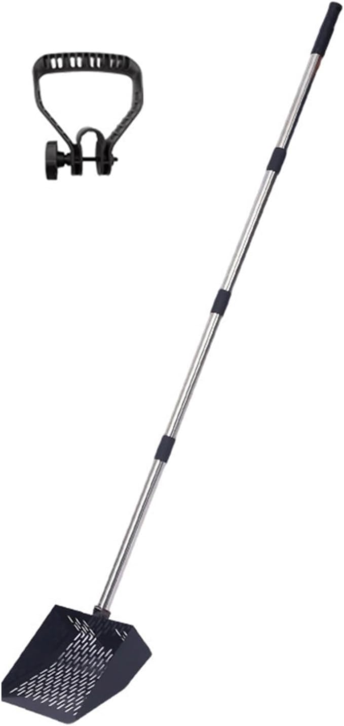 Adjustable manure shovel made of stainless steel with ergonomic and sieve plate for poultry farms. Durable manure shovel made of iron with rubber chain