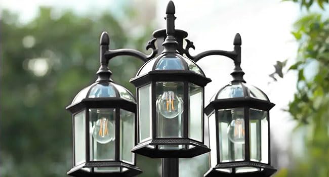 Aluminum Outdoor Lamp Post Birdcage Hardwired Street Light Post for Outside 3-Head Pole Light Modern Lamp Post Outdoor Lighting with Clear Glass Panels for Garden Patio Backyard Walkway Driveway