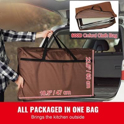 Happybuy Camping Kitchen Table Folding Outdoor Cooking Station with Storage Bag Aluminum Cook Table with 3 Cupboards &amp Detachable Windscreen Quick Setup for Picnics BBQs RV Travel Brown