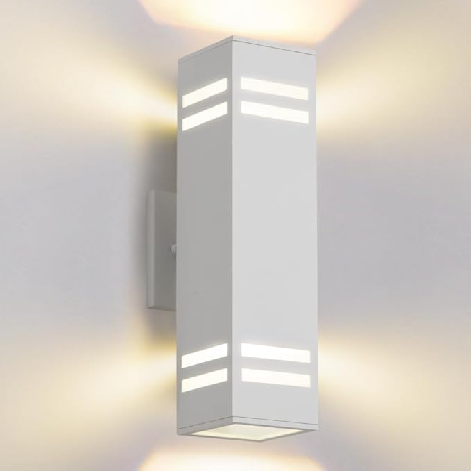 Cerdeco Aluminum Modern Outdoor Wall Light15 Exterior Up Down Wall Sconce Light Fixture Sand Textured White with 3-Sided Frosted Glasses [ETL Listed]