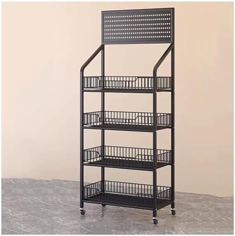 Convenience Store Shelf Cart 4 Tier Supermarket Portable Display Rack for Snacks/Drinks/Can/Toys with Hooks &amp Wheels Commercial Home Carbon Steel Frame Black-4 Tier-50x27x140cm