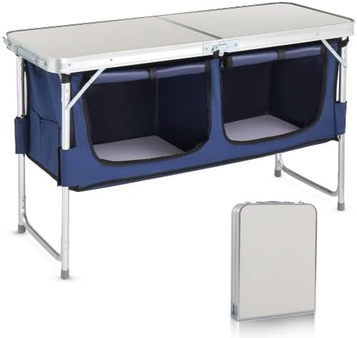 Folding Camping Table with Storage 3 Height Adjustable Lightweight 4 Ft Outdoor Portable Kitchen Aluminum Table for BBQ Picnic Hiking Beach and Indoor