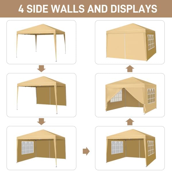 10x10 FT Pop Up Canopy Tent Portable Commercial Canopy Tent Outdoor Gazebo for Home Party &amp OutdoorPortable Shelter Gazebo Easy Outdoor Sun Shade for Events Parties and Camping - Khaki