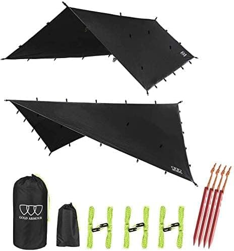 Gold Armour Rainfly Tarp Hammock Premium 14.7ft/12ft/10ft/8ft Rain Fly Cover Waterproof Ultralight Camping Shelter Canopy Survival Equipment Gear Camping Tent Accessories (Black 10ft x 10ft)