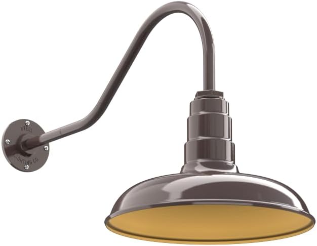 Steel Lighting Co. Topanga Barn Light | Outdoor Wall Mounted | 14 inch Dome | 23 Gooseneck | Farmhouse Garage Light Made in America | Dark Bronze Exterior/Brass Interior