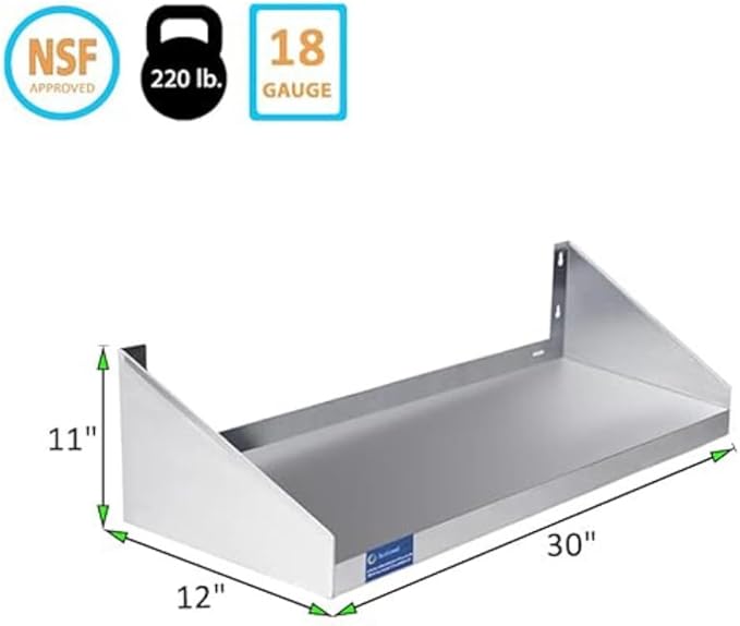 Premium Stainless Steel Wall Shelf with Side Guards | Commercial Metal Wall-Mounted Storage | NSF Certified Utility Shelf for Kitchen Garage or Laundry (30 Long x 12 Deep)