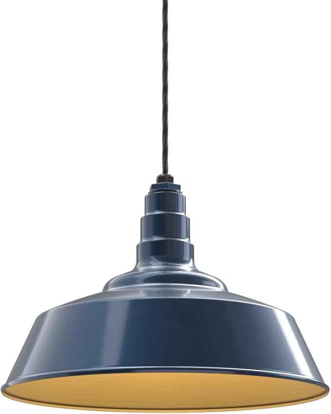Steel Lighting Co. Manhattan Warehouse Light | Ceiling Mounted Pendant | 20 inch Dome | 4' Black Cord | Large Steel Barn Light Made in America | Gray Blue Exterior/Brass Interior
