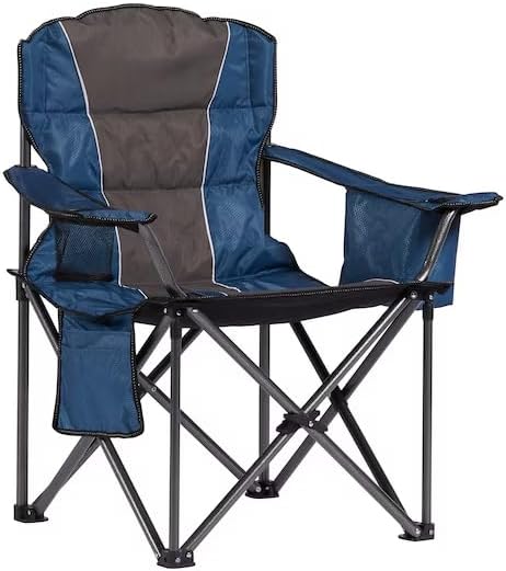 Heavy-Duty Folding Camping Chair with Cooler Bag Cup Holder &amp Carrying Strap – Blue &amp Gray 400 lb Capacity