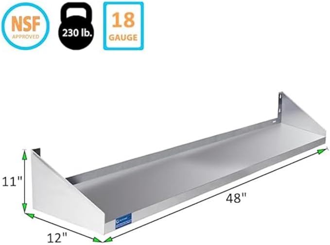 Premium Stainless Steel Wall Shelf with Side Guards – 48 x 12 | Commercial Metal Wall-Mounted Storage | NSF Certified Utility Shelf for Kitchen Garage or Laundry (48 Long x 12 Deep)