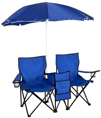 Best Choice Products® Picnic Double Folding Chair w Umbrella Table Cooler Fold Up Beach Camping Chair