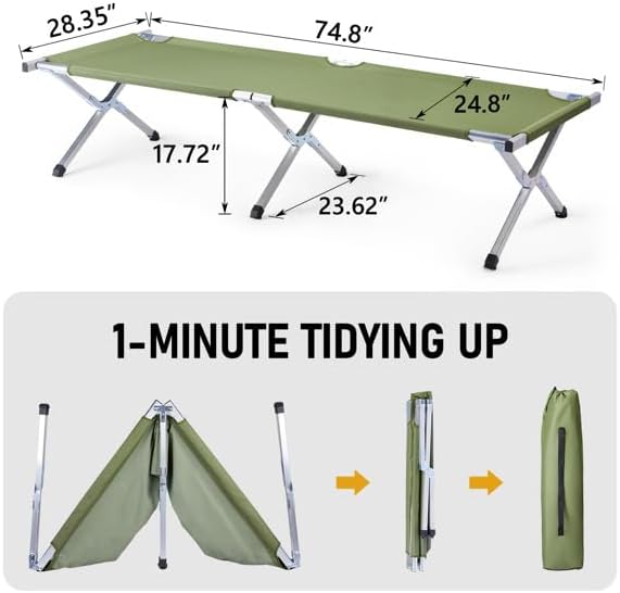 Portable Folding Camping Cot with Carry Bag for Outdoor Hiking Beach Backpacking and Travel – Lightweight Aluminum Frame Bed for Adults Army Green Compact Sleeping Cot for Tent or Outdoor Rest