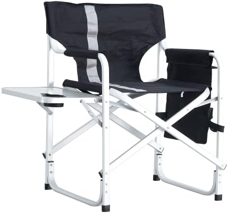 2-Piece Padded Folding Outdoor Chair with Side Table and Storage PocketsLightweight Oversized Directors Chair for Indoor Outdoor Camping Picnics and FishingBlack/Grey