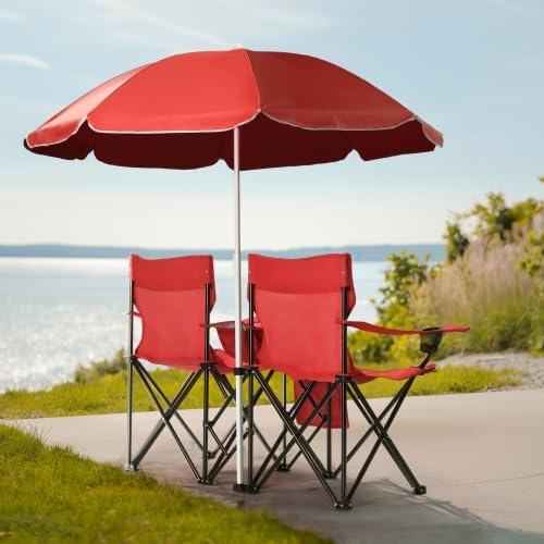 Camping Chairs Folding Double Chair with Removable Umbrella Cup Holders Cooler Bag Side Pocket &amp Carry Bag for Beach Outdoor Sports Concerts Travel Picnic