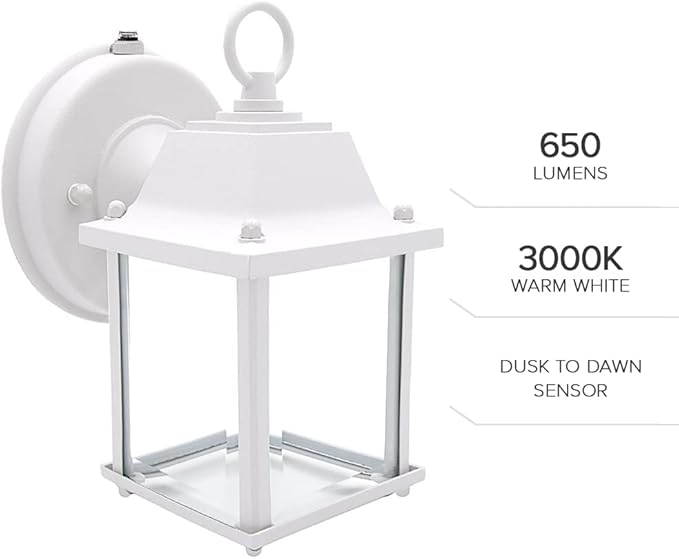 Maxxima LED Porch Lantern Outdoor Wall Light - White with Clear Glass 3000K Warm White 650 Lumens Dusk to Dawn Photocell Light Sensor Patio or Porch Sconce Fixture Exterior Lighting - White