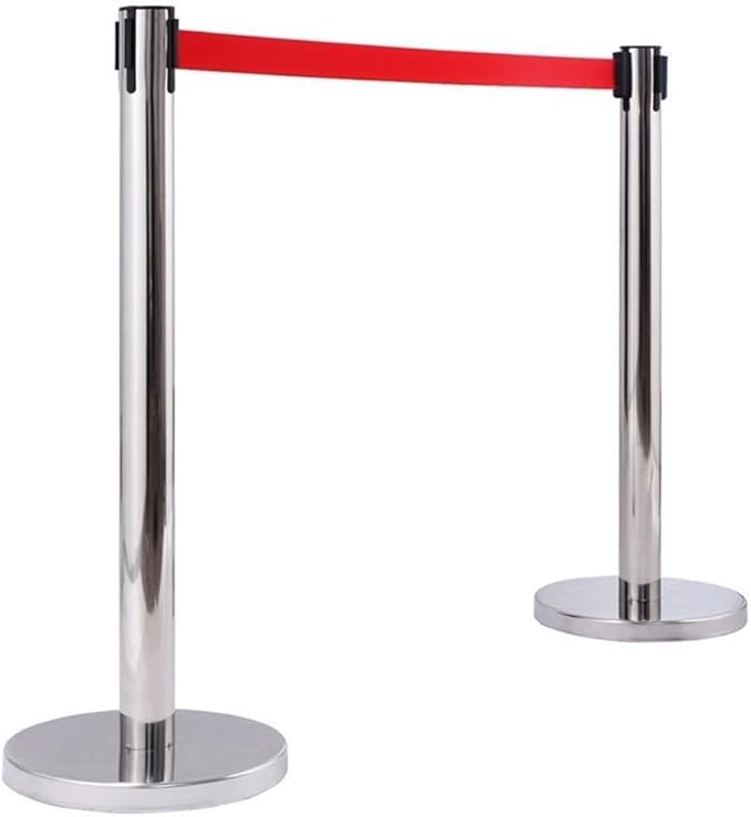 Pemberly Row Stainless Steel Queue Poles 35 in Height Silver with Red Belts Set of 6 Rust-Resistant Finish Stable Cement-Filled Base Rubber Floor Protection Crowd Control for Public Spaces