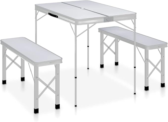 Folding Camping Table with 2 Benches Aluminium WhiteItem colourWhite and Silver