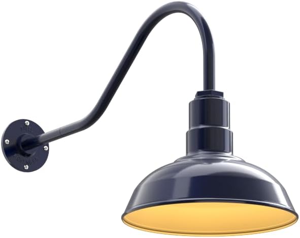 Steel Lighting Co. Westchester Barn Light | Outdoor Wall Mounted | 12 inch Dome | 23 Gooseneck | Warehouse Steel Light Made in America | Navy Blue Exterior/Brass Interior