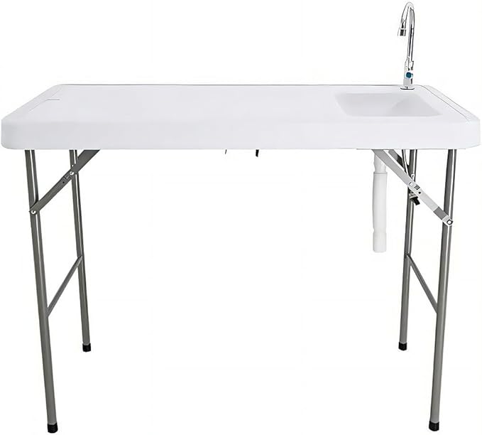 Fishing Cleaning Table with Sink - Portable Folding Camping Sink Table | Fish Fillet Hunting Station with Faucet Ideal for Picnic Gardening &amp Kitchen Use - White