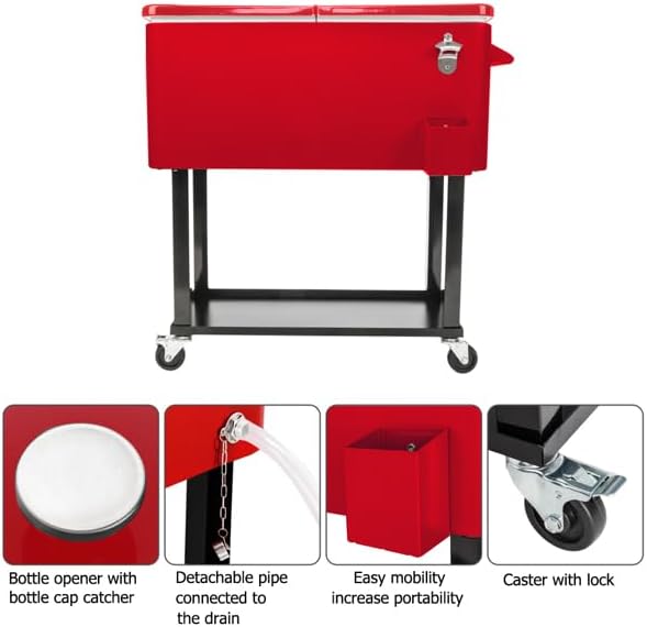 80QT Freezer Cart on Wheels - Red Heavy-Duty Mobile Food Storages Box with Drain Pipe for Restaurant Kitchen Market Portable Cold Storage Box Freezer Kitchen Rolling Storage Container