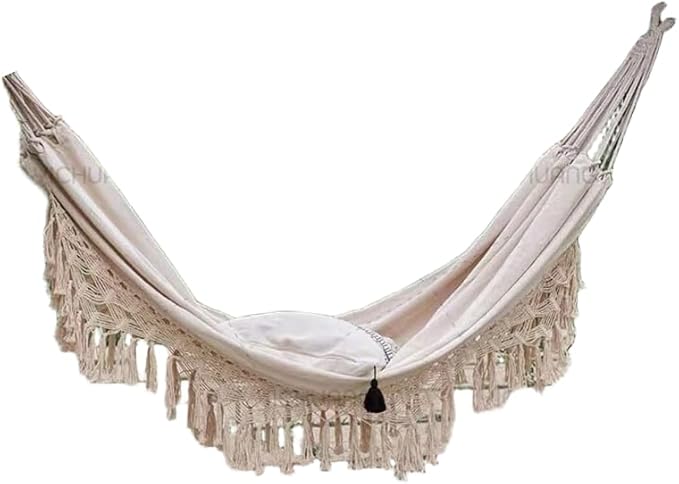 เปลยวน Double Hammock Swing with Fringe Tassels | Portable Indoor Outdoor Canvas Bed for Patio Deck Bedroom | Large Two Person Camping Travel Lounger | Storage Bag &amp Ropes Included
