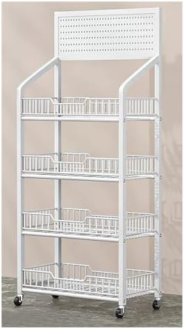 Convenience Store Shelf Cart 4 Tier Supermarket Portable Display Rack for Snacks/Drinks/Can/Toys with Hooks &amp Wheels Commercial Home Carbon Steel Frame White-4 Tier-60x27x140cm