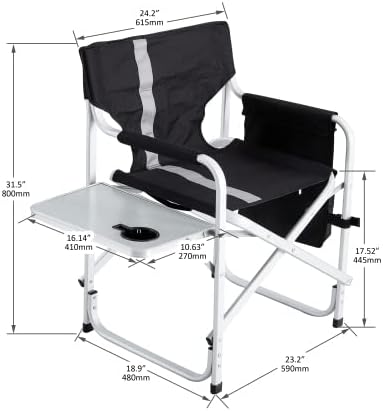 1-Piece Padded Folding Outdoor Chair with Side Table and Storage PocketsLightweight Oversized Directors Chair for Indoor Outdoor Camping Picnics and FishingBlack/Grey