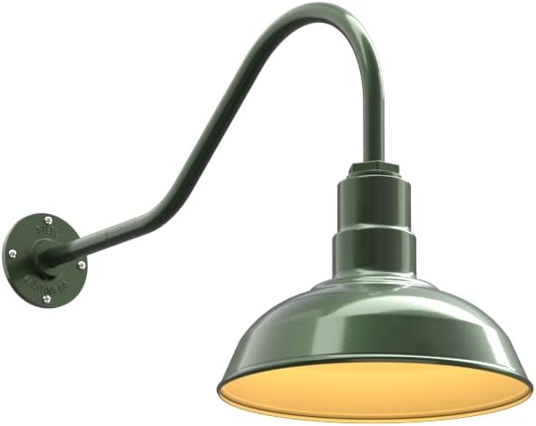 Steel Lighting Co. Westchester Barn Light | Outdoor Wall Mounted | 12 inch Dome | 23 Gooseneck | Warehouse Steel Light Made in America | Hunter Green Exterior/Brass Interior