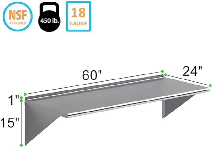Stainless Steel Wall Shelf | Metal Shelving | Garage Laundry Storage Utility Room | Restaurant Commercial Kitchen | NSF Certified | (24” x 60”)
