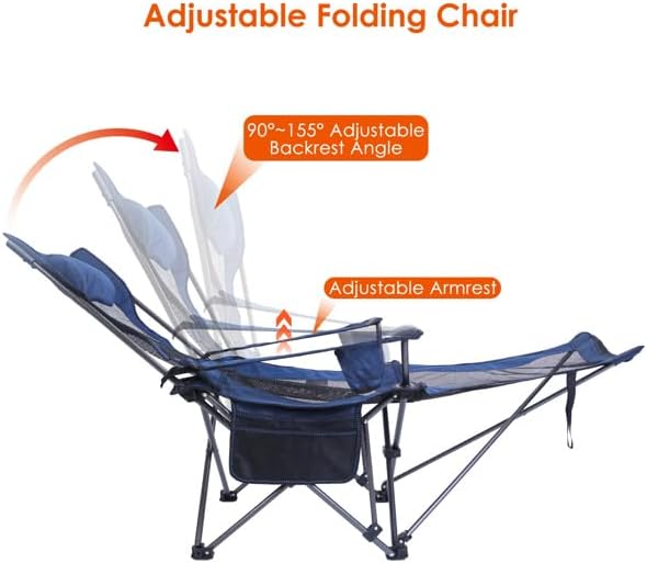 Foldable Camping Chair 330LBS Load Heavy Duty Steel Lawn Chair Collapsible Chair with Reclining Backrest Angle Cup Holder Pillow Side Pocket Carry Bag