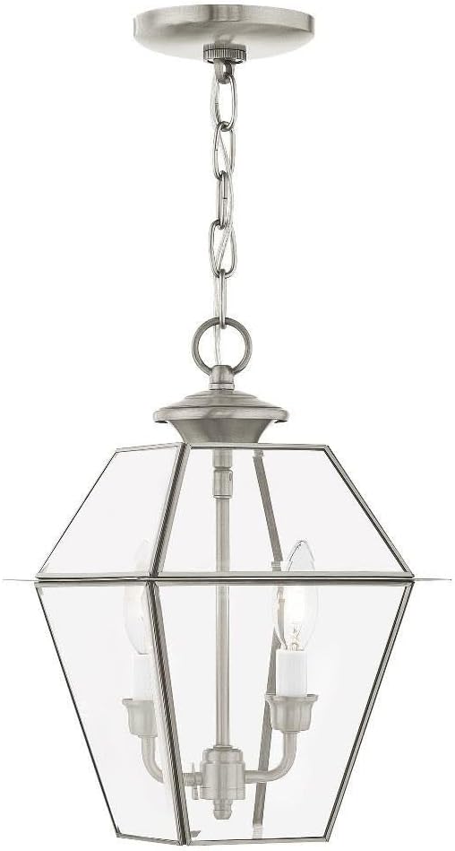 Livex Lighting 2285-91 Transitional Two Light Outdoor Pendant from Westover Collection in Pwt Nckl B/S Slvr. Finish 9.00 inches 14.00x9.00x9.00 Brushed Nickel