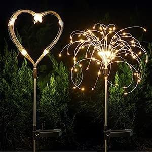 Solar Firework Lights 2Pcs Garden Lights Outdoor Waterproof 120 LED with 8 Modes Twinkling and Steady-On Festive daysStarburst Lights for Path Patio Yard (Warm White)