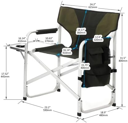2-Piece Padded Folding Outdoor Chair with Side Table and Storage PocketsLightweight Oversized Directors Chair for Indoor Outdoor Camping Picnics and FishingGreen