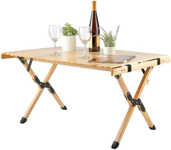 Foldable Camping Table - Roll Up Folding Table - Easy Assembly Portable Picnic Table with Carry Bag - Indoor or Outdoor Low Height Travel Party or Beach Table by Wakeman Outdoors (Natural Wood)
