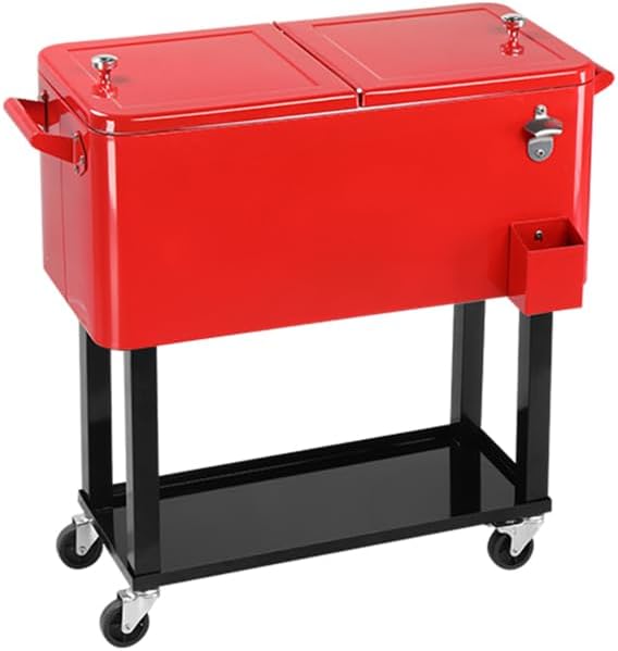 80QT Freezer Cart on Wheels - Red Heavy-Duty Mobile Food Storages Box with Drain Pipe for Restaurant Kitchen Market Portable Cold Storage Box Freezer Kitchen Rolling Storage Container