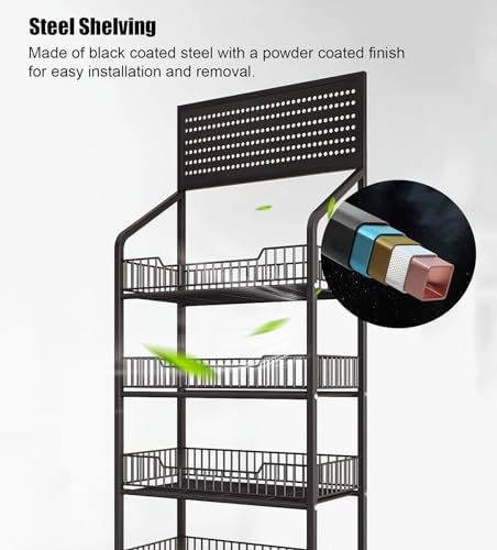 Store Display Rack Wall Mounted Storage Rack Supermarket Convenience Store4-Tier Floor-Standing Snack Shelf Organizer with 15 Hooks Supermarket Vegetable Display Rack for Kitchen &amp Conveni
